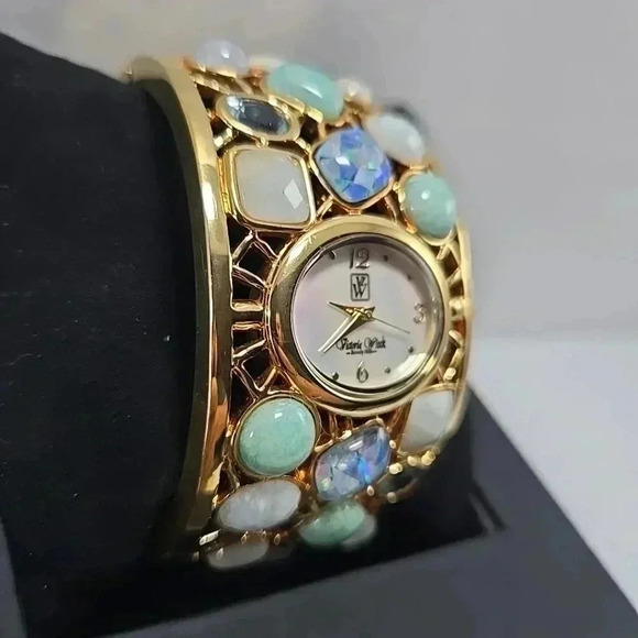 Victoria Wieck Gemstone Bangle Quartz Watch New Battery Gold Tone Cuff Women main image 5